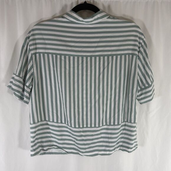 Jane Delancey Blouse Women's Small Green White Striped Short Sleeve Button Up - Picture 7 of 9